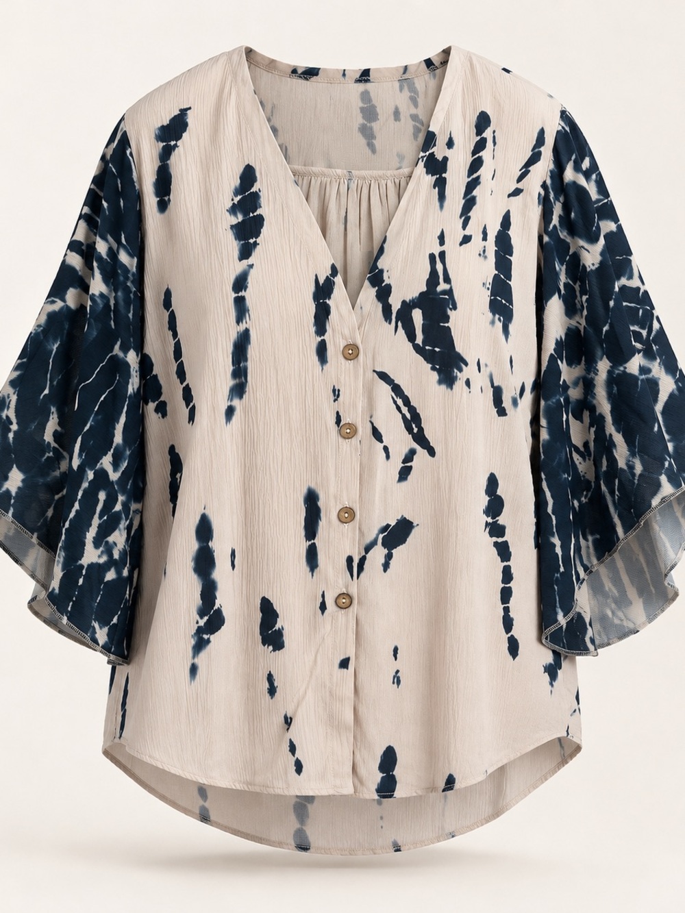 Navy & Cream Tie-Dye Flowy Blouse – Butterfly Sleeves